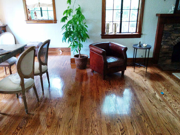 Refinished oak floor in a classic living room